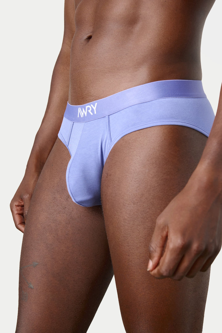 A close-up of a male model wearing light purple/lavender briefs with a white &