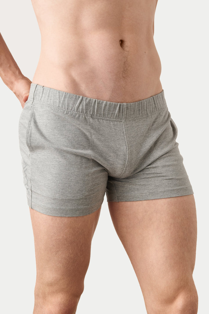 A man wearing light gray heathered boxer briefs, shown from the waist down against a plain light gray studio background.