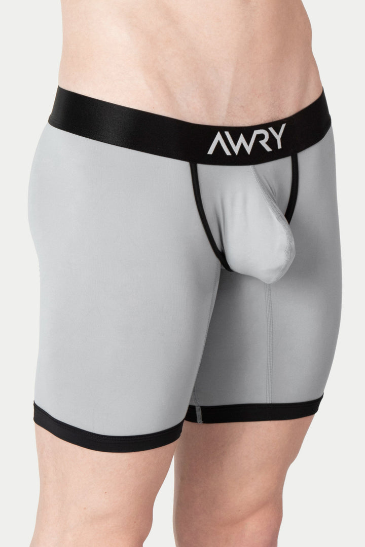Gray boxer briefs with black waistband and leg trim, AWRY branding on waistband.
