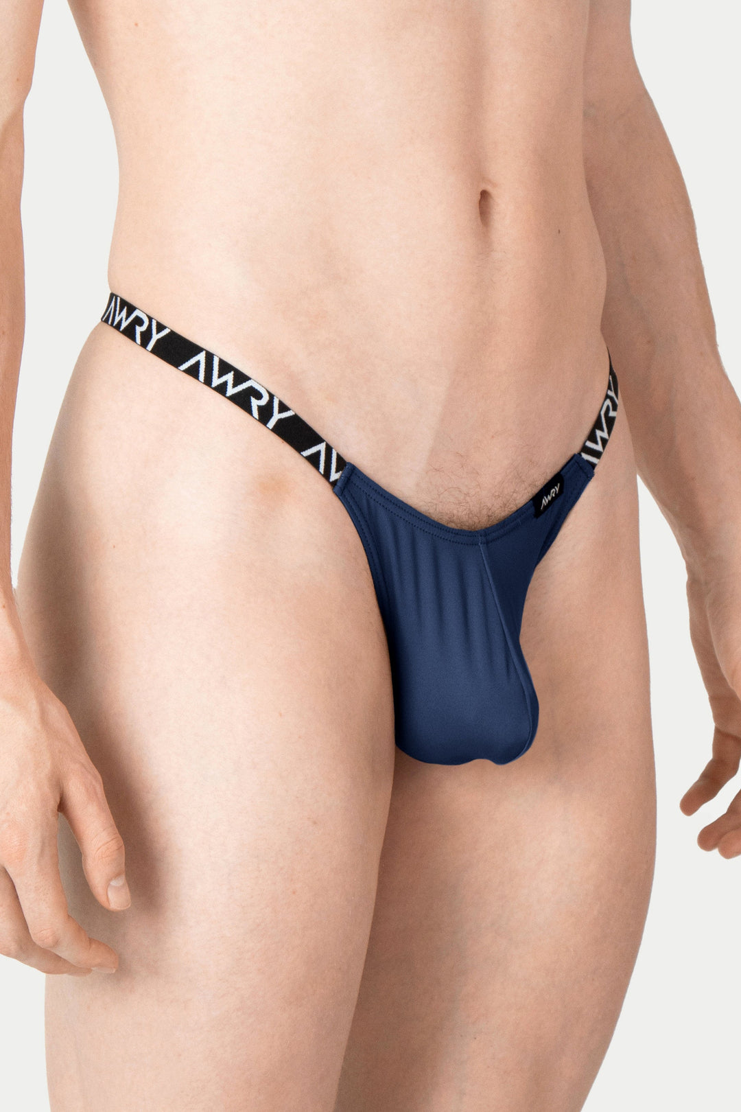 Navy thong with black and white branded waistband.