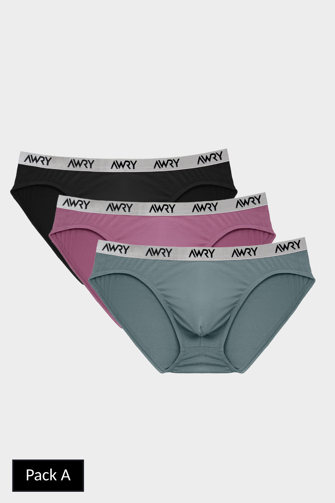 Three slip briefs in black, mauve, and slate blue with gray branded waistbands.