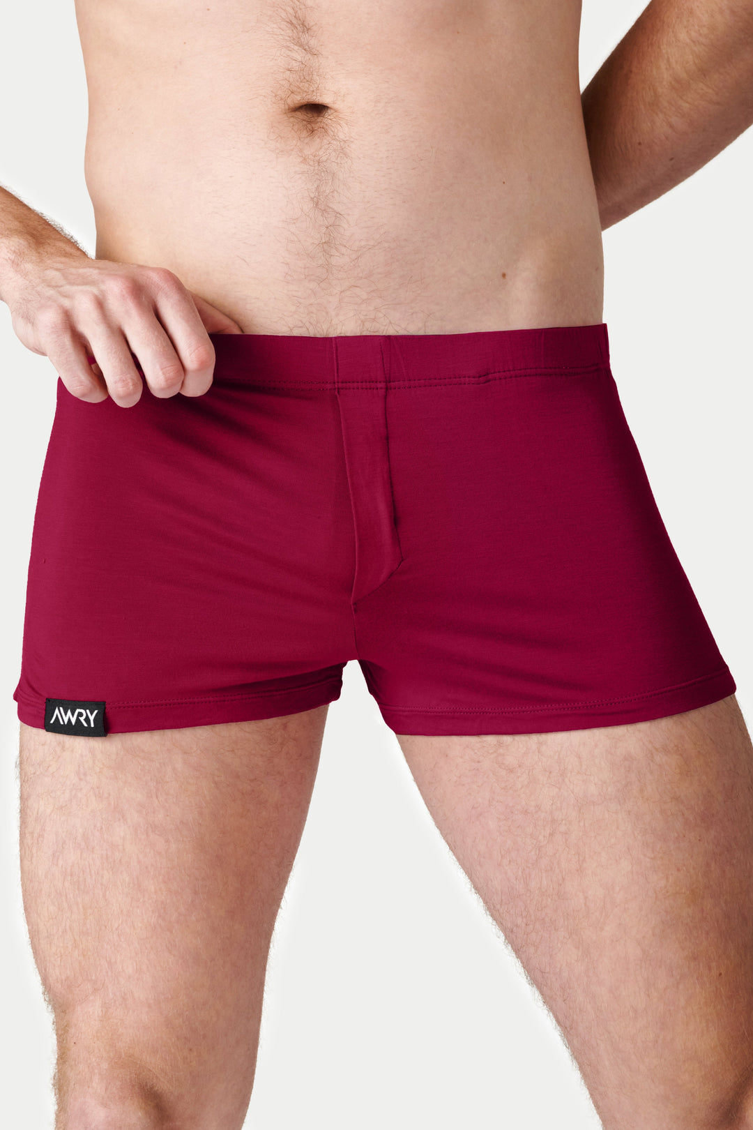 Berry red jock boxers with fitted short legs and branded waistband label.