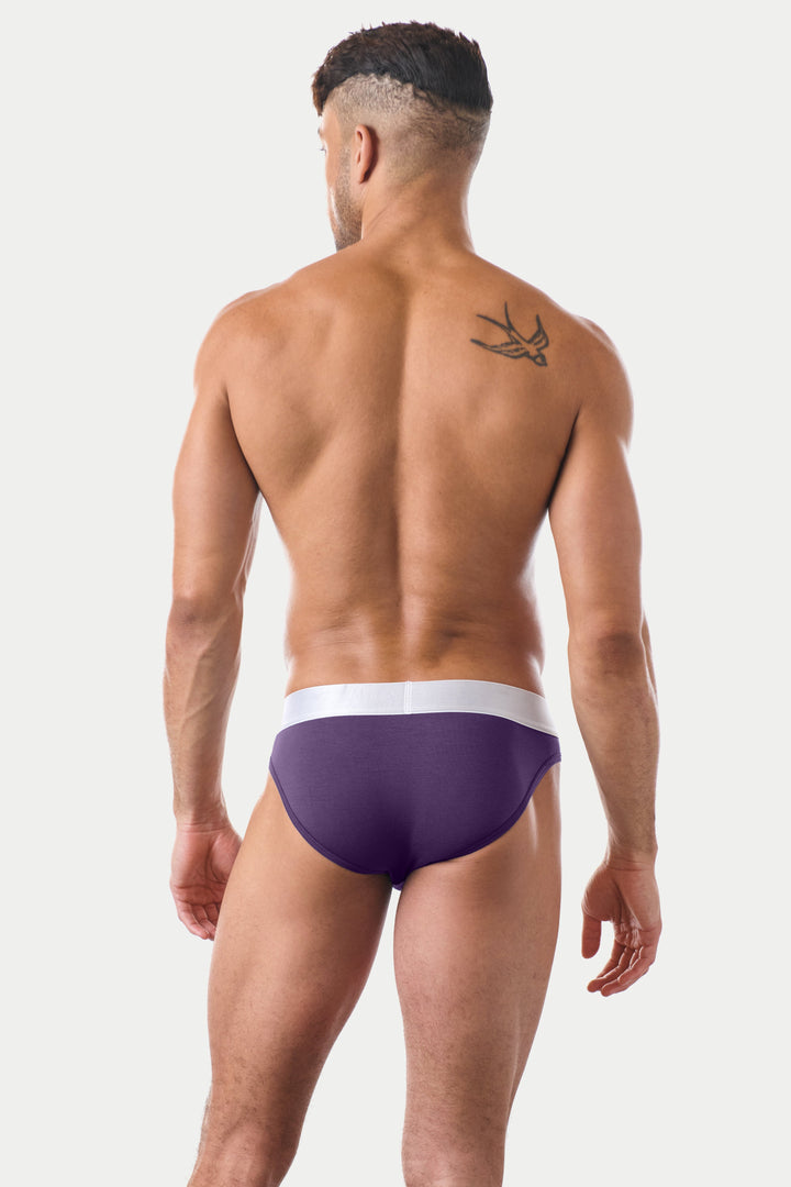 Purple briefs with white waistband, shown on model from back view.
