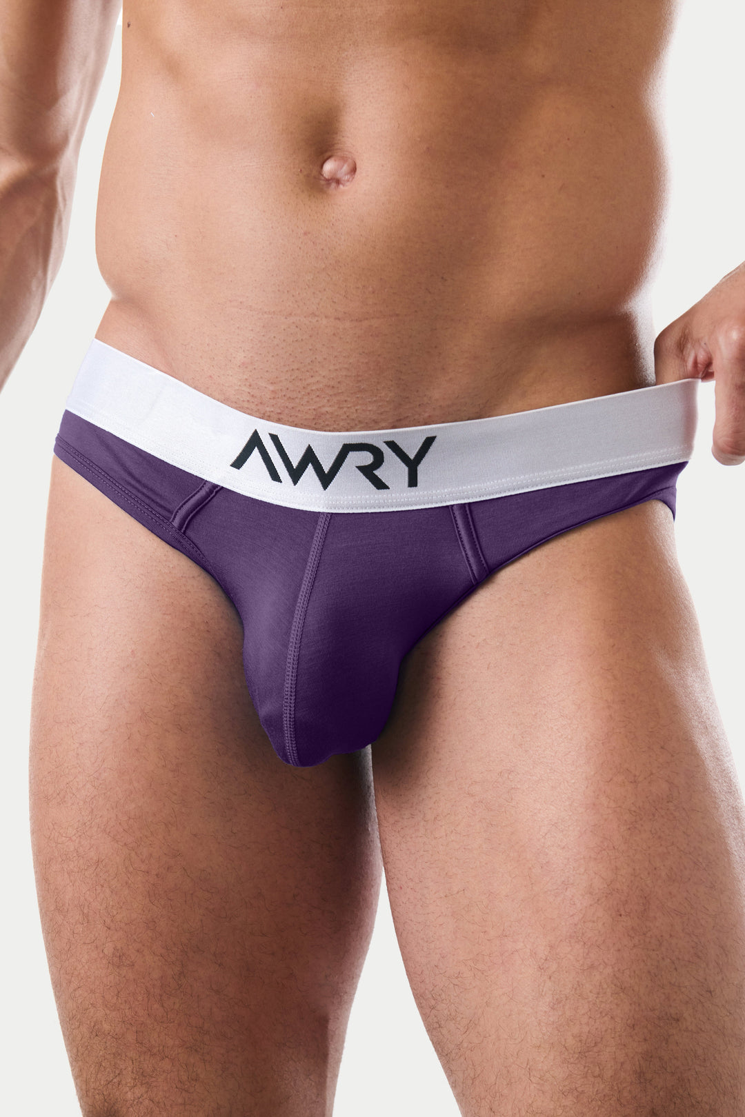 Purple brief with white and gray waistband featuring AWRY branding.