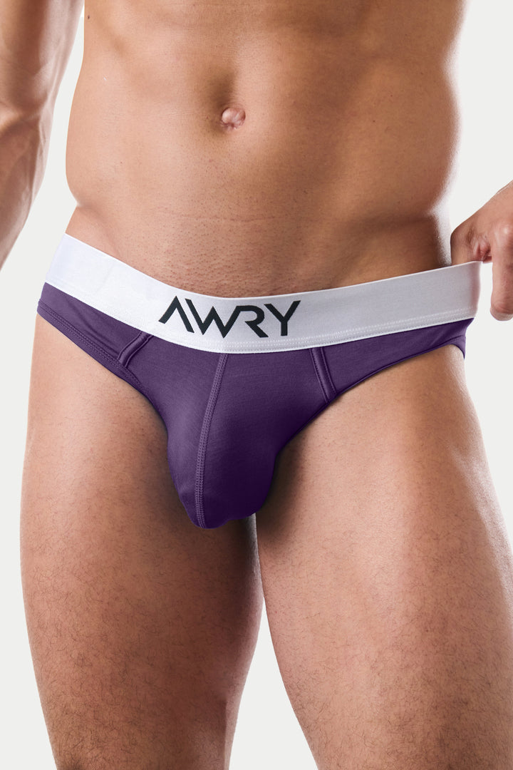 Purple brief with white and gray waistband featuring AWRY branding.