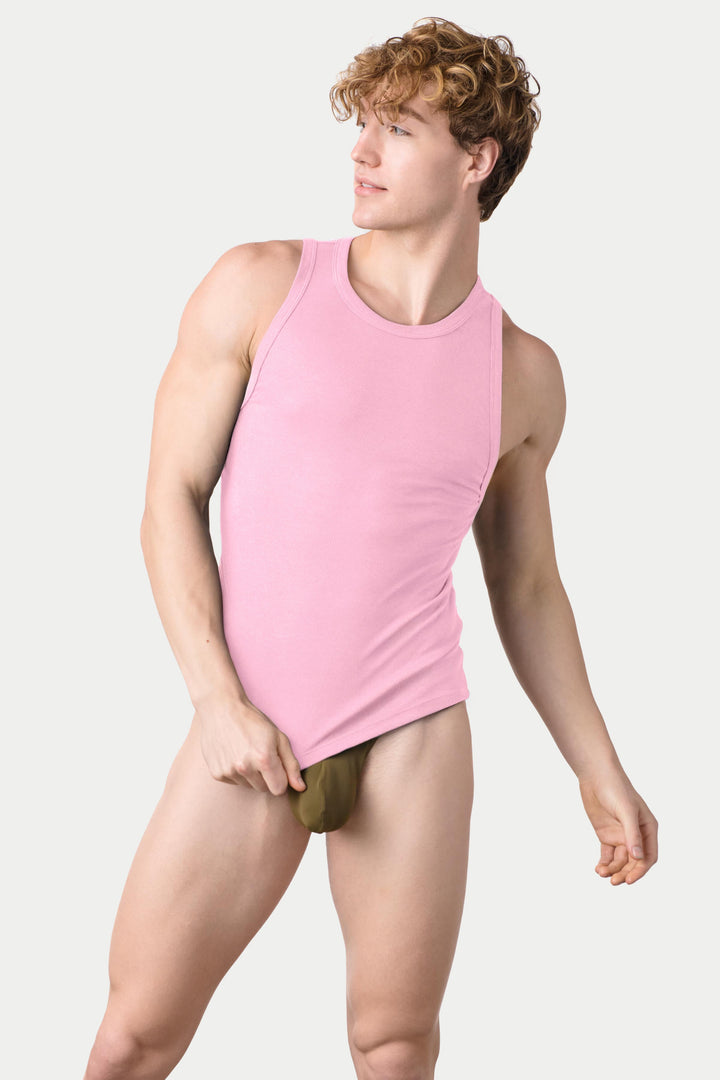 Pink ribbed tank top with crew neckline and sleeveless design shown on model.