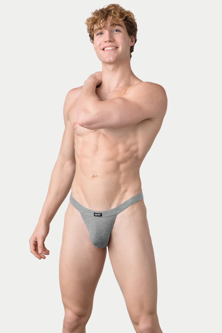Heather gray ribbed thong with narrow waistband worn on model.