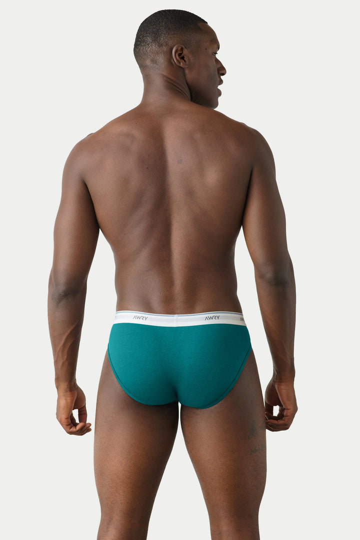Teal briefs with white waistband labeled "AWRY," shown from back view on model.