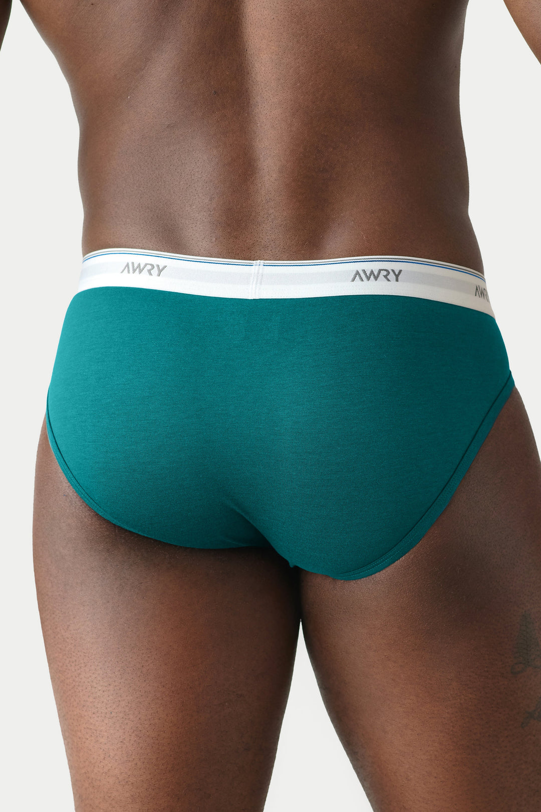 Teal briefs with white and blue waistband labeled "AWRY" on male model shown from back.